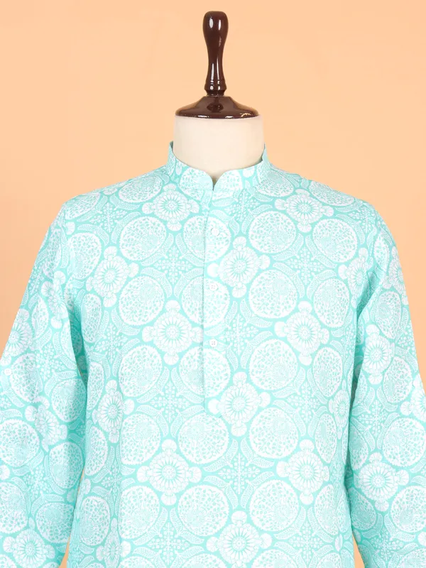New aqua cotton floral printed kurta for men