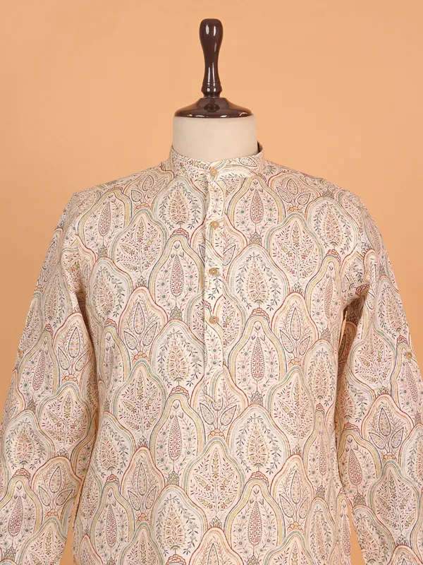 New cream cotton printed kurta for men