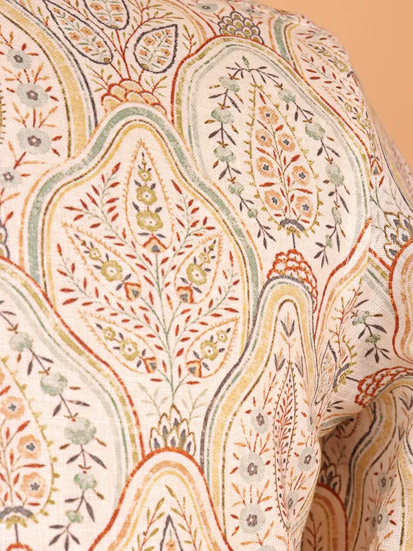 New cream cotton printed kurta for men