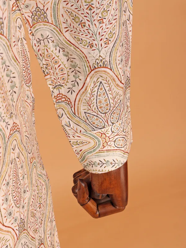 New cream cotton printed kurta for men