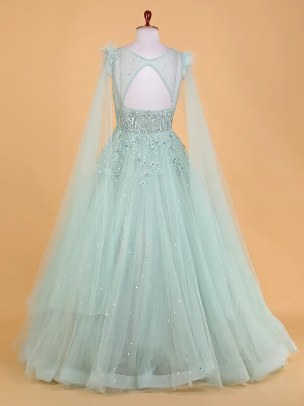 Elegant sky blue net designer gown