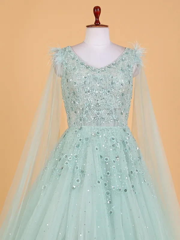 Elegant sky blue net designer gown