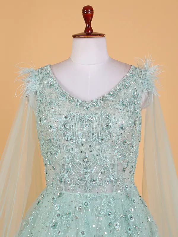 Elegant sky blue net designer gown
