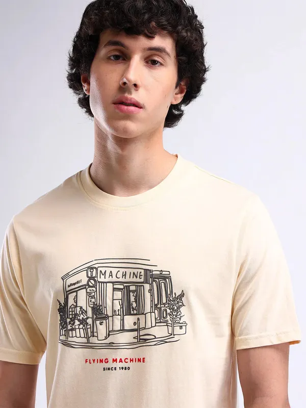 FLYING MACHINE cream printed cotton t-shirt