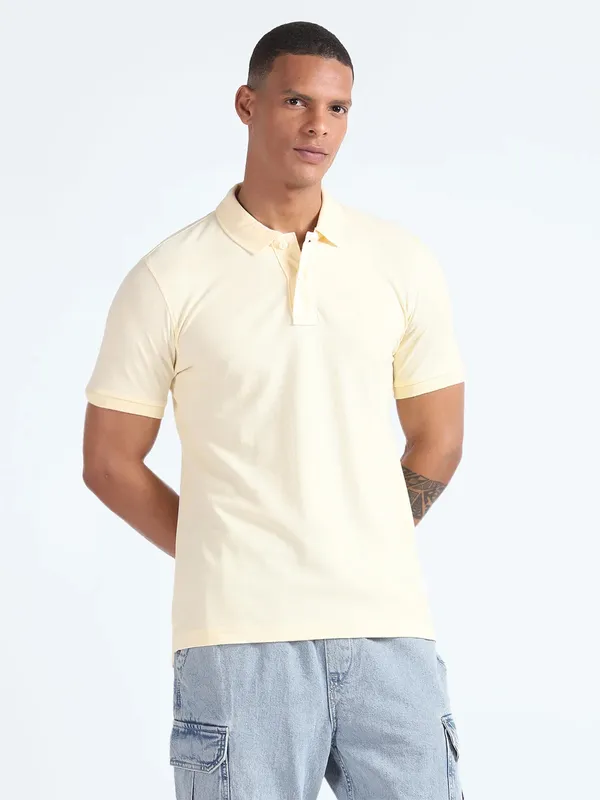 FLYING MACHINE light yellow plain cotton t-shirt