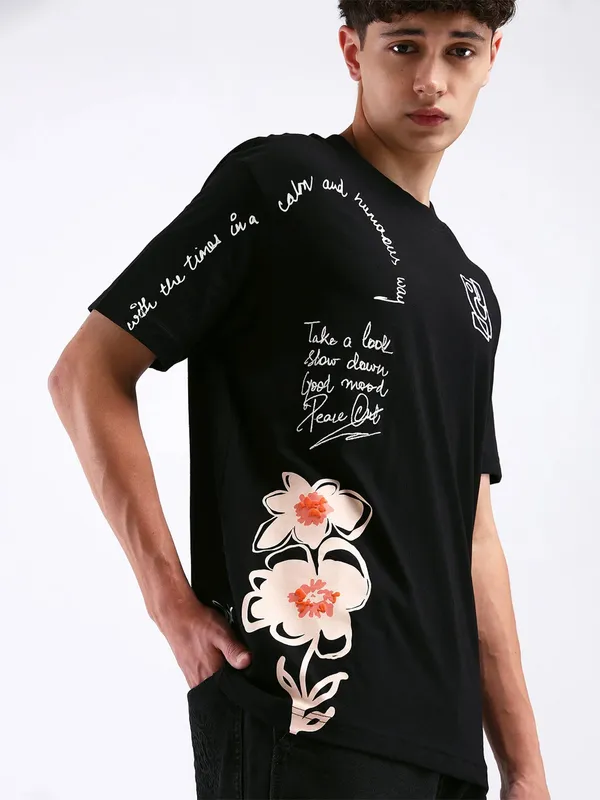 FLYING MACHINE printed black cotton casual t-shirt