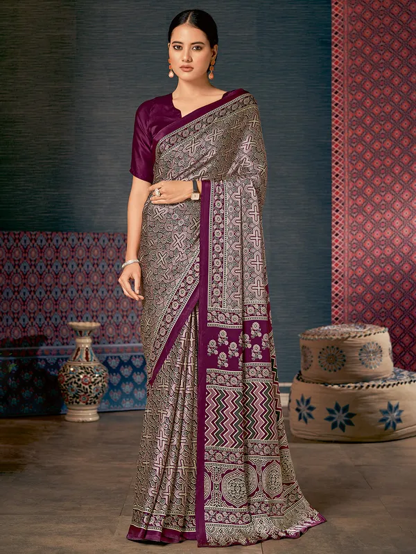 New Purple crepe saree with print