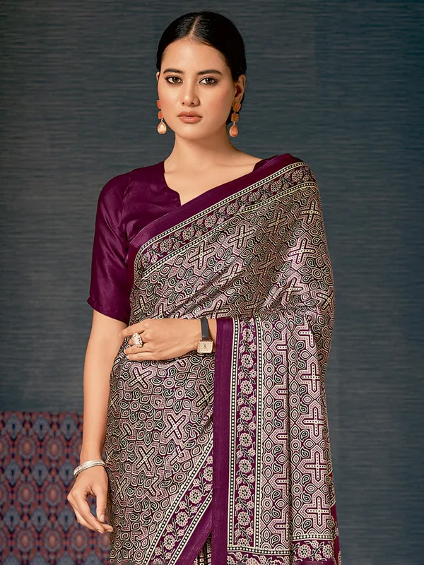 New Purple crepe saree with print