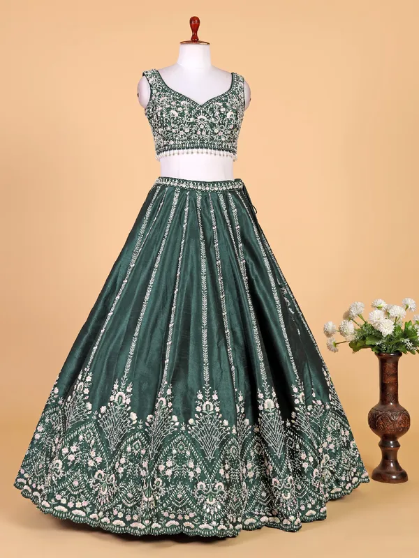 Trendy bottle green raw silk lehenga choli with dupatta