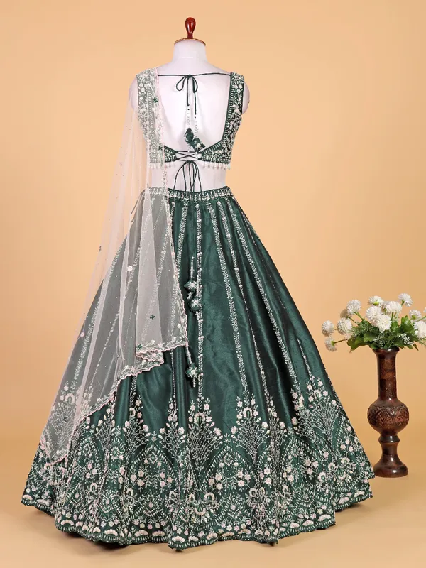 Trendy bottle green raw silk lehenga choli with dupatta