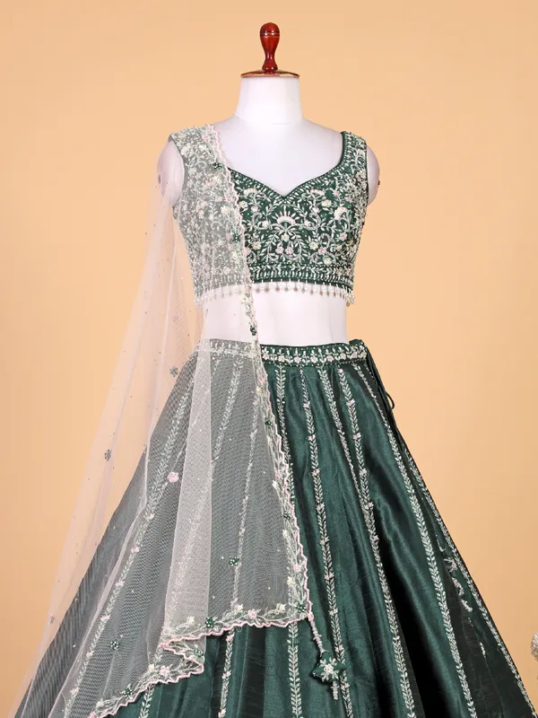 Trendy bottle green raw silk lehenga choli with dupatta