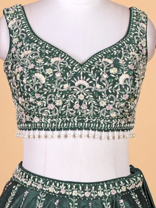 Trendy bottle green raw silk lehenga choli with dupatta