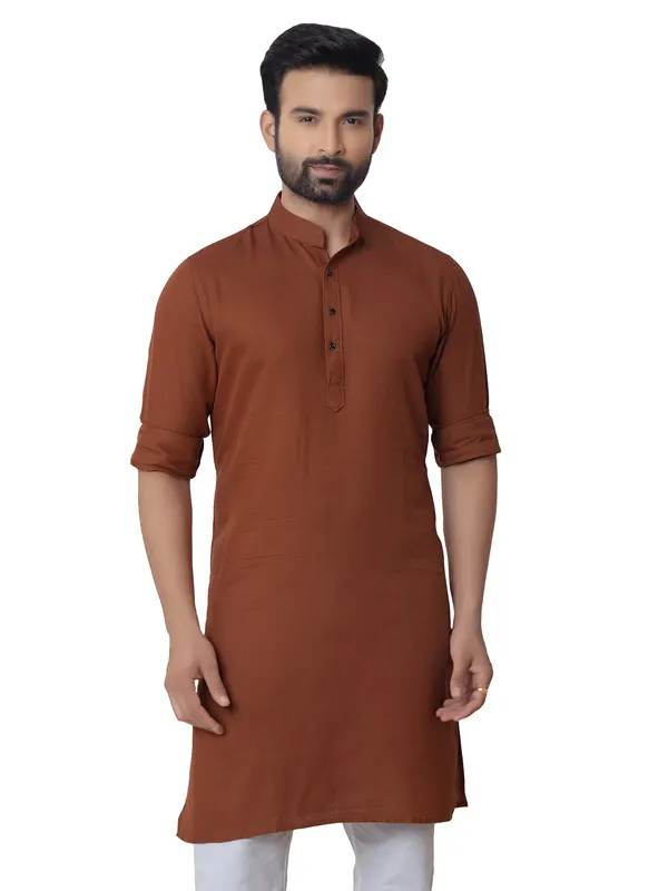 Trendy plain cotton brown  Men Kurta pajama