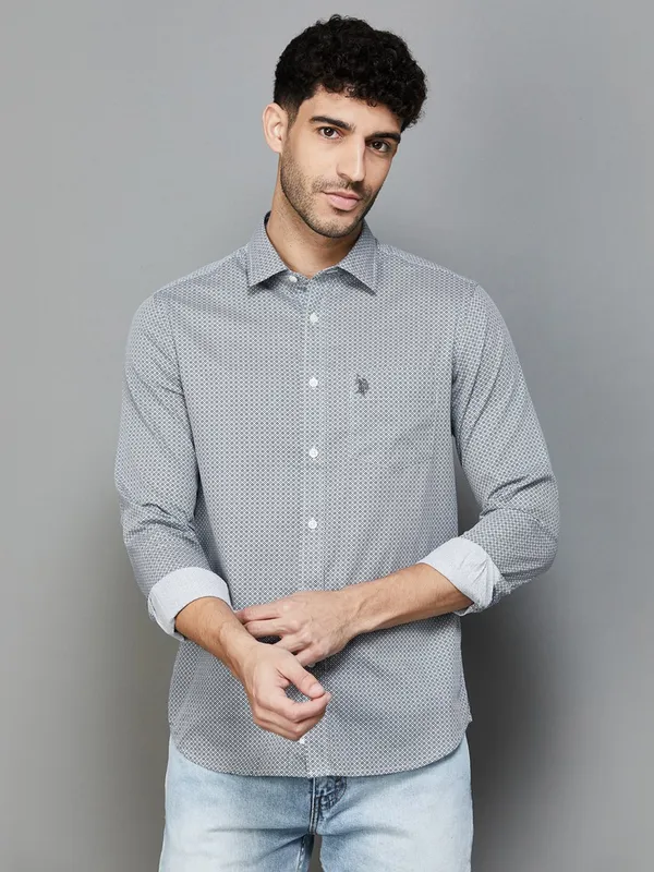 U S POLO ASSN grey printed cotton casual shirt