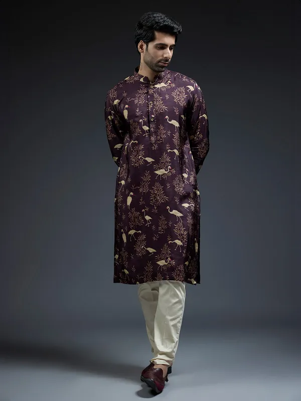 New wine silk kurta suit in floral bird print