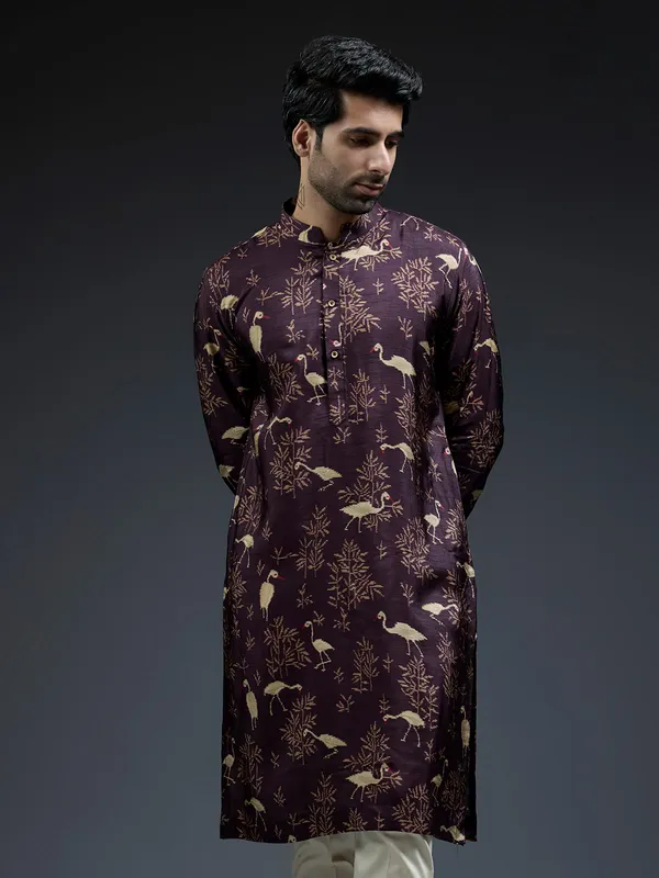 New wine silk kurta suit in floral bird print