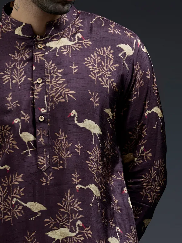 New wine silk kurta suit in floral bird print