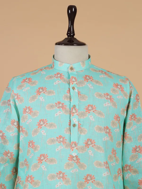 Newest aqua blue printed cotton kurta set for men