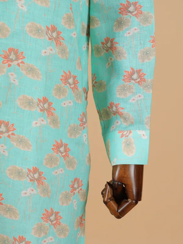 Newest aqua blue printed cotton kurta set for men