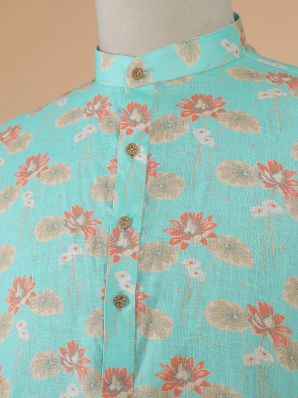 Newest aqua blue printed cotton kurta set for men