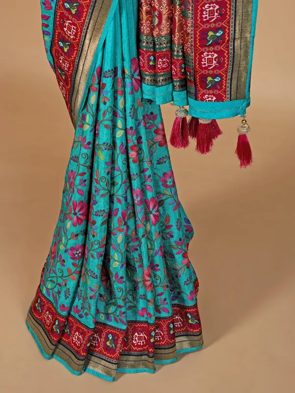 Newest aqua silk saree for festive