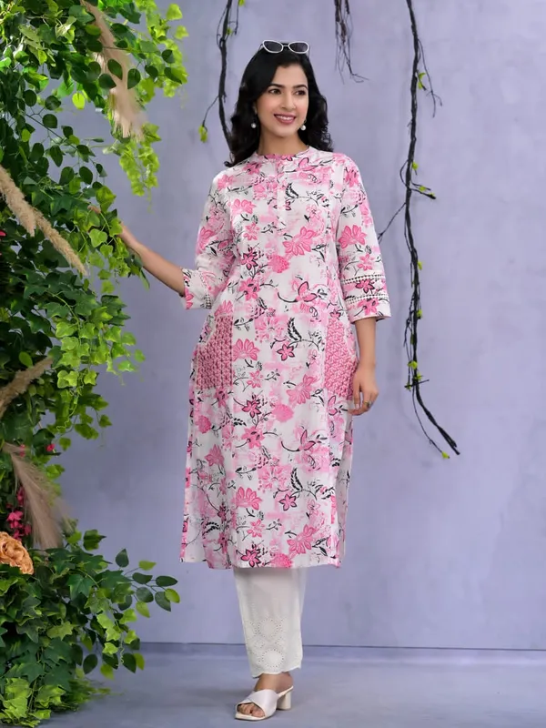 Newest beautiful pink printed cotton kurti set