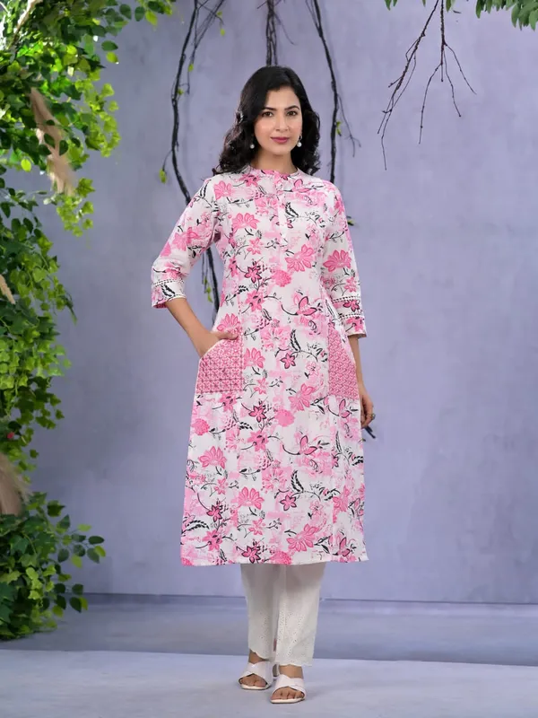 Newest beautiful pink printed cotton kurti set
