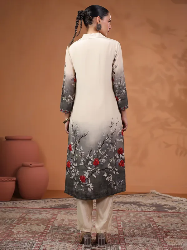 Newest beige and grey printed silk kurti set