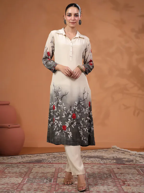 Newest beige and grey printed silk kurti set