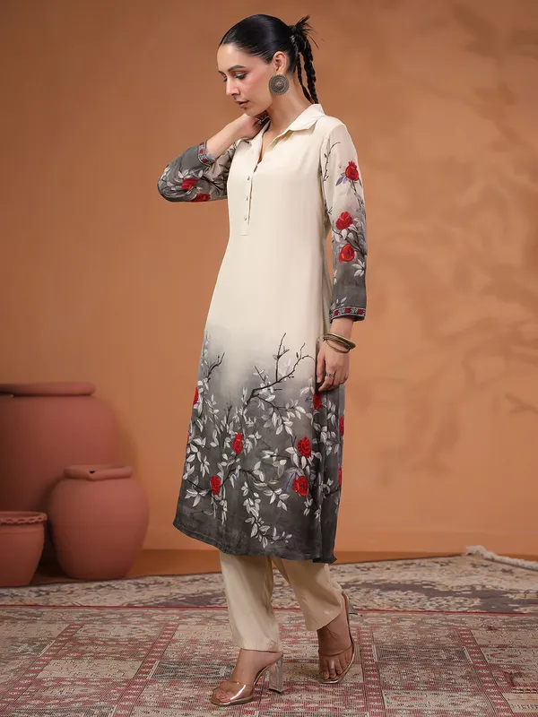 Newest beige and grey printed silk kurti set