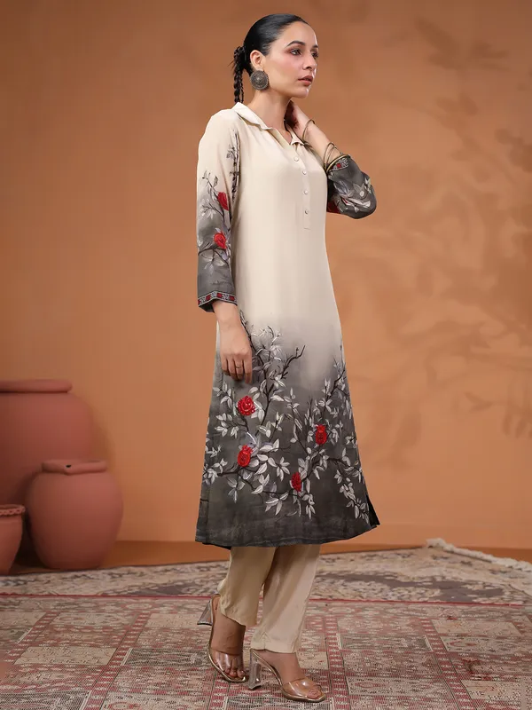 Newest beige and grey printed silk kurti set