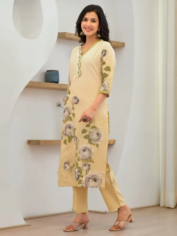 Newest beige cotton kurti set