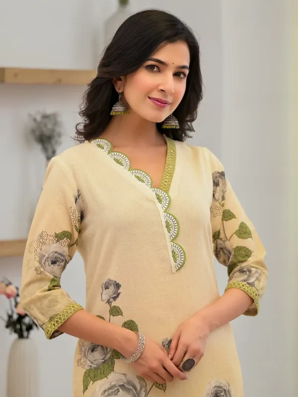 Newest beige cotton kurti set