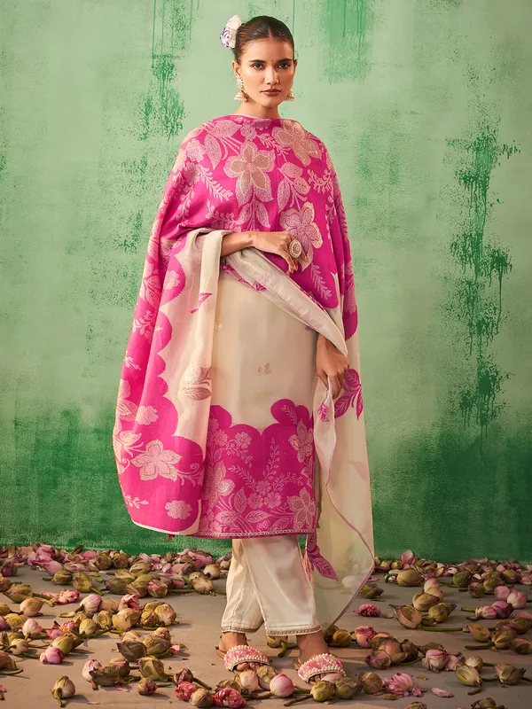 Newest beige printed silk kurti set