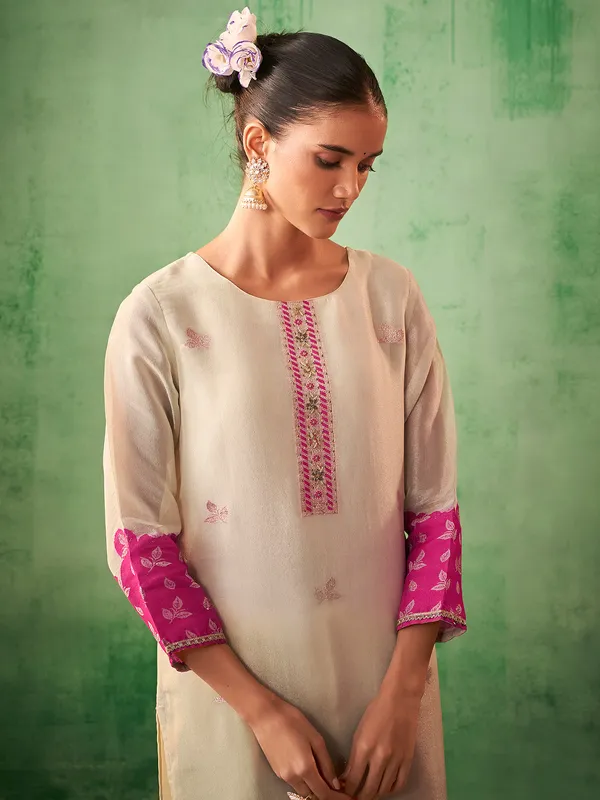 Newest beige printed silk kurti set