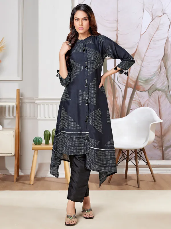 Newest black printed russian silk kurti set