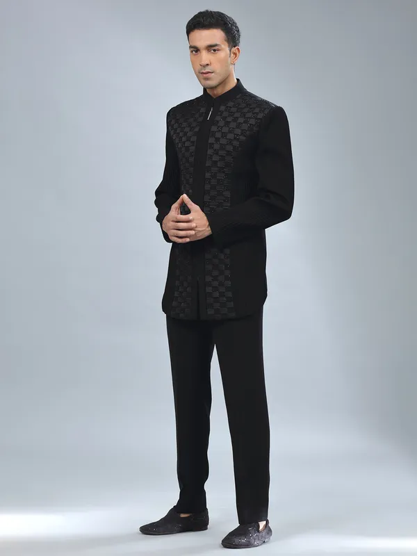 Newest black textured terry rayon indowestern