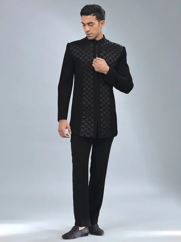 Newest black textured terry rayon indowestern