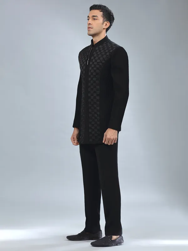 Newest black textured terry rayon indowestern