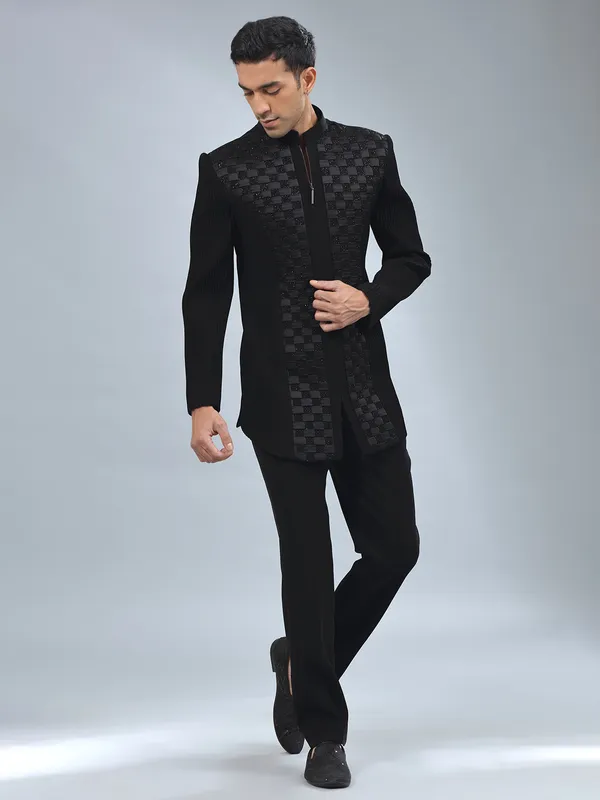 Newest black textured terry rayon indowestern