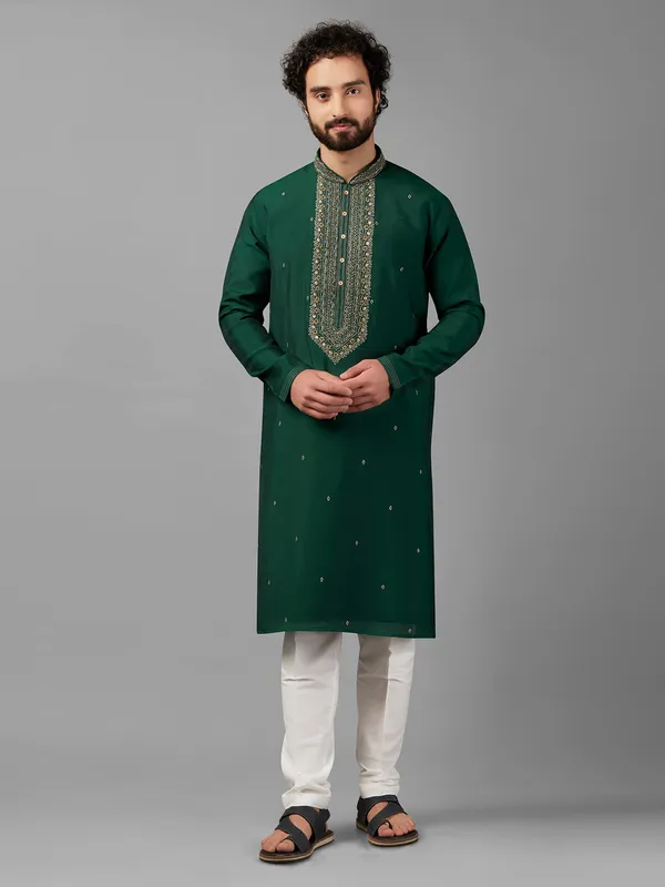 Newest bottle green silk  Men Kurta pajama