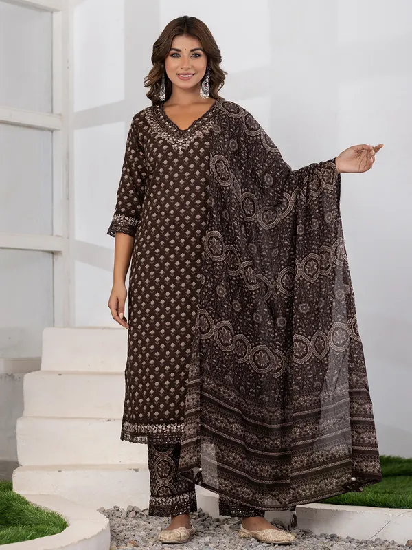 Newest coffee silk printed kurti set