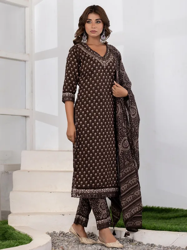 Newest coffee silk printed kurti set
