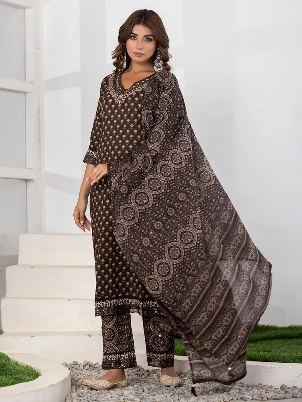 Newest coffee silk printed kurti set
