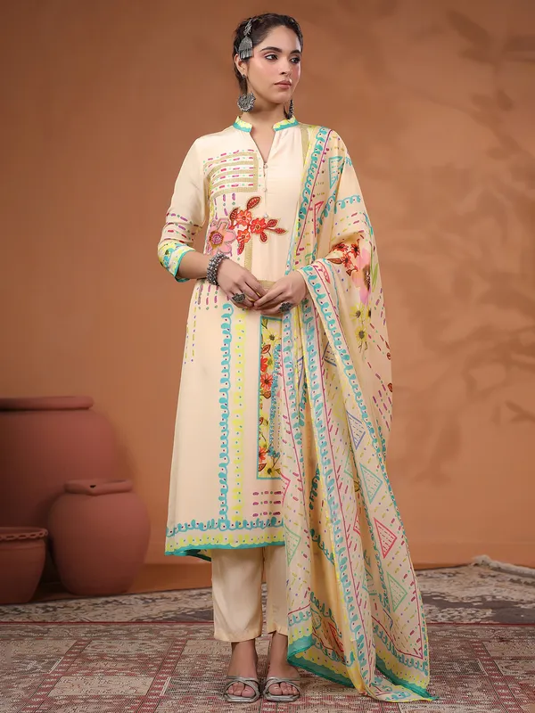 Newest cream printed silk kurti set