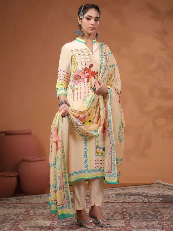 Newest cream printed silk kurti set