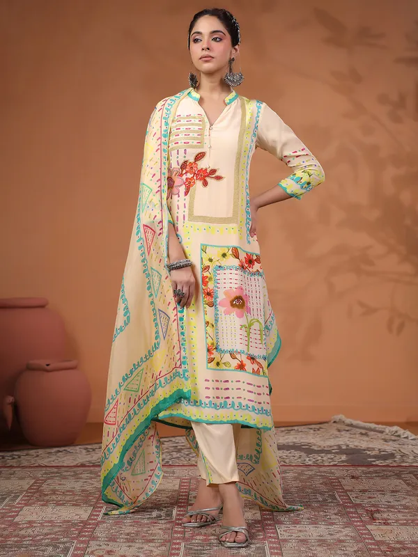 Newest cream printed silk kurti set