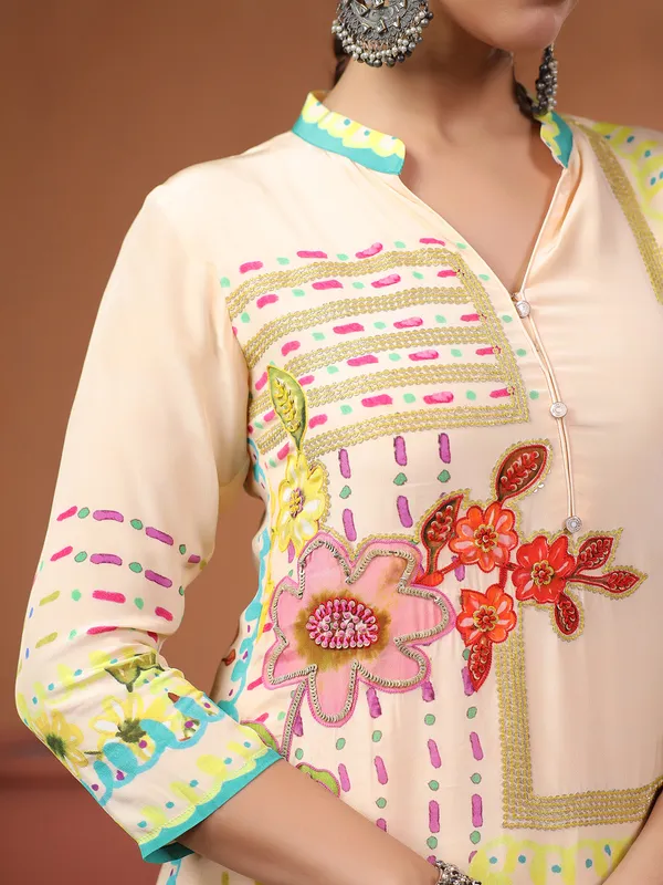 Newest cream printed silk kurti set