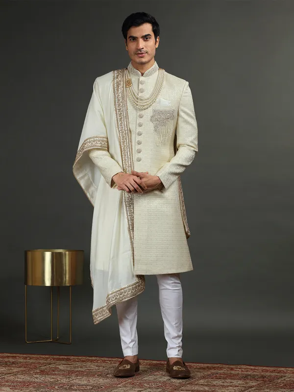 Newest cream silk groom sherwani