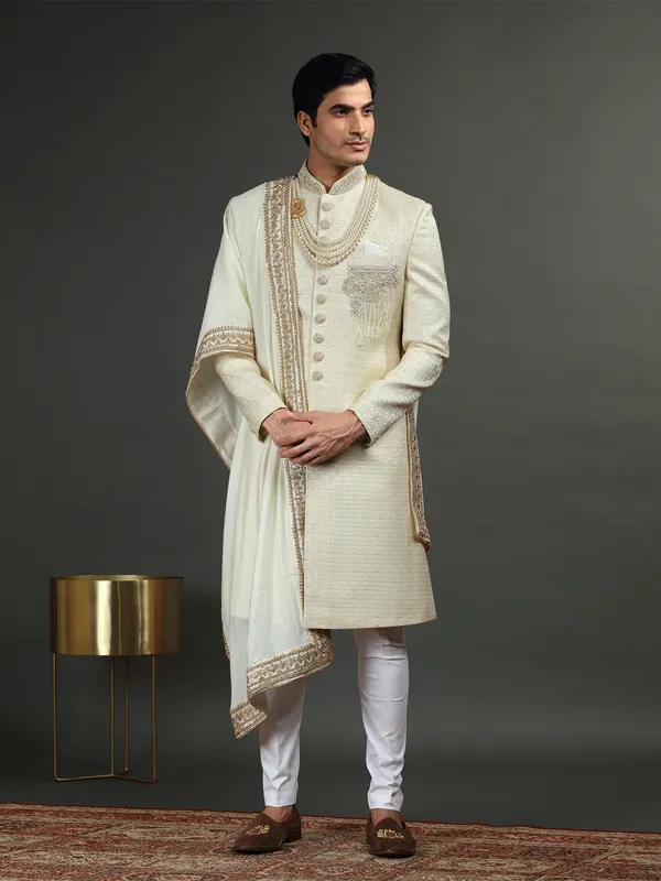 Newest cream silk groom sherwani